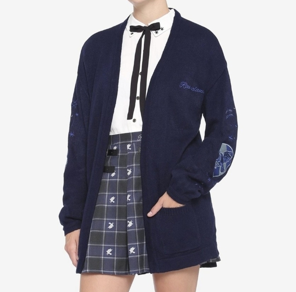 Navy Embroidered Open-Front Cardigan Sweater